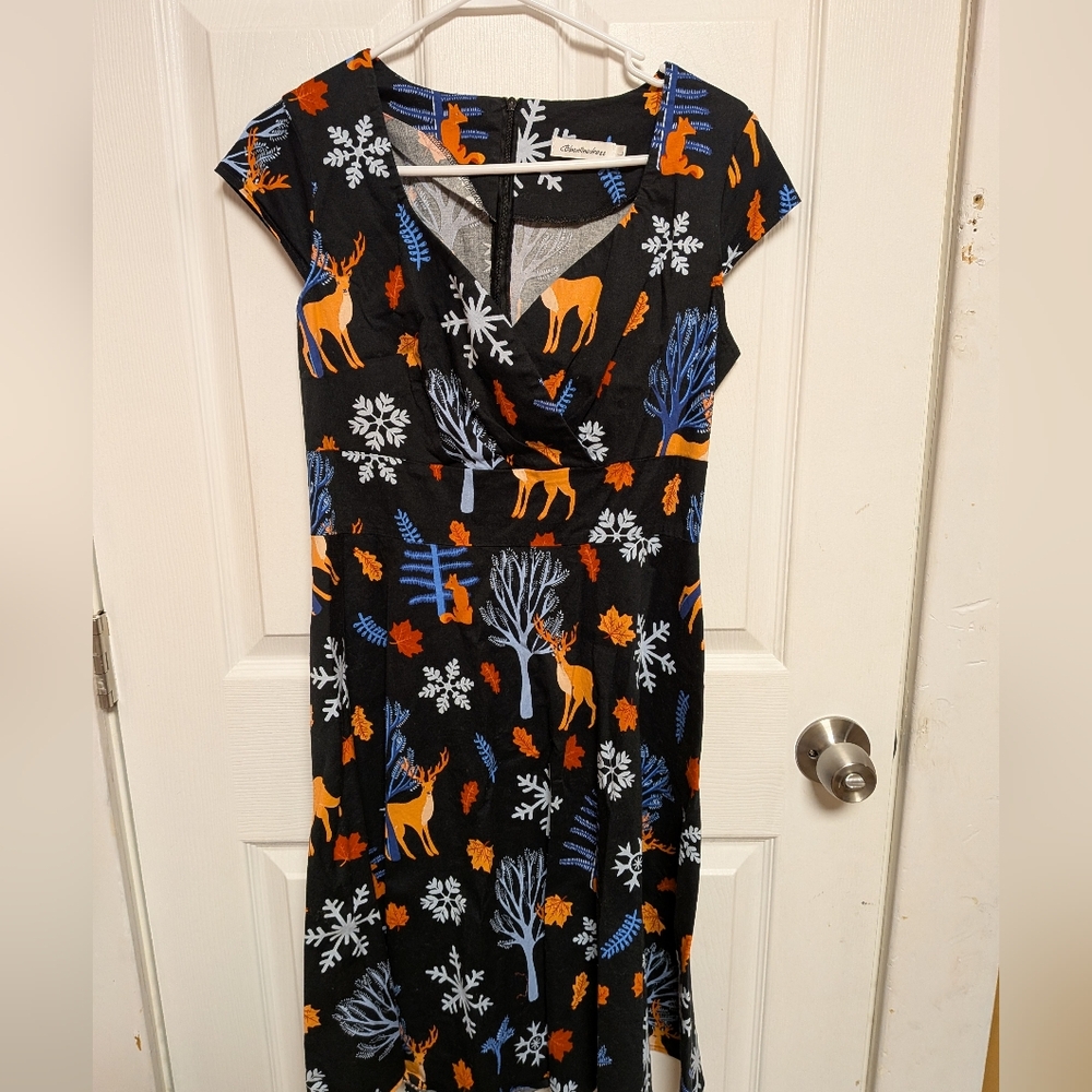 Black Dress with Deer and Snowflake Print